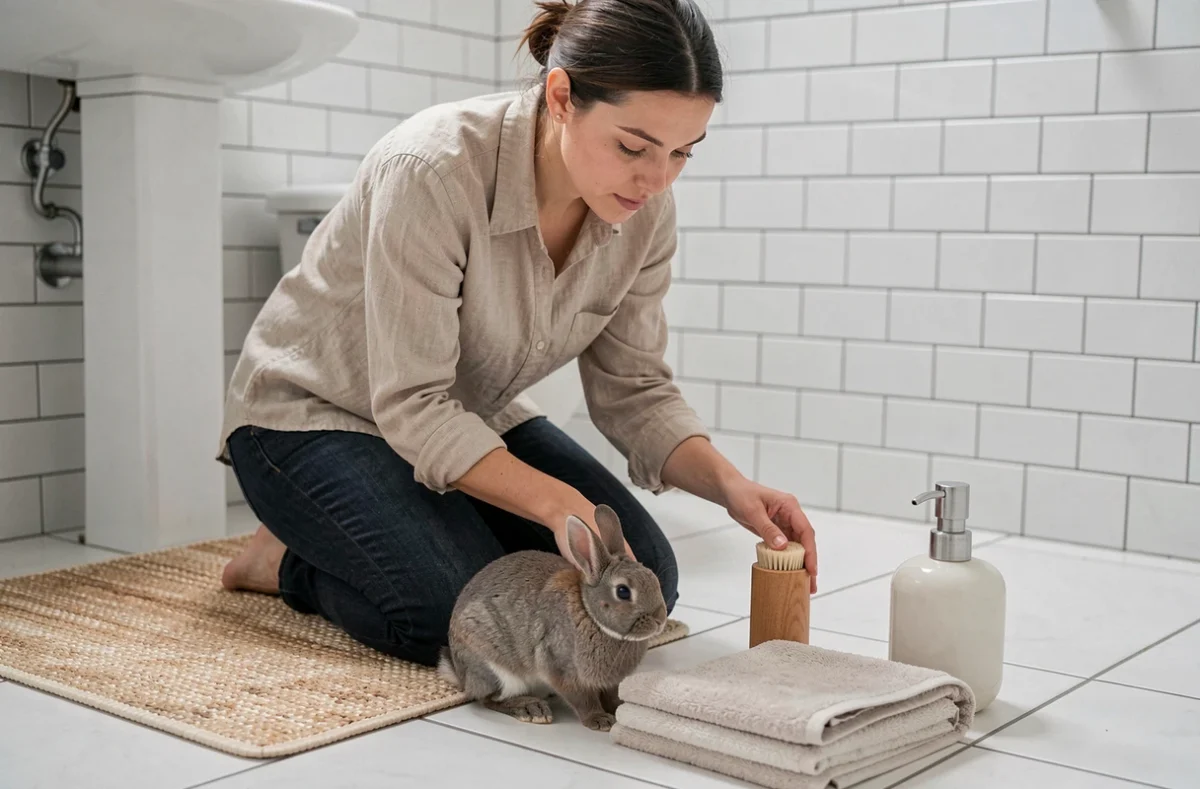 Jeune femme en salle de bain tenant un lapin gris et montrant des objets du quotidien comme une brosse en bois, un distributeur de savon et une serviette