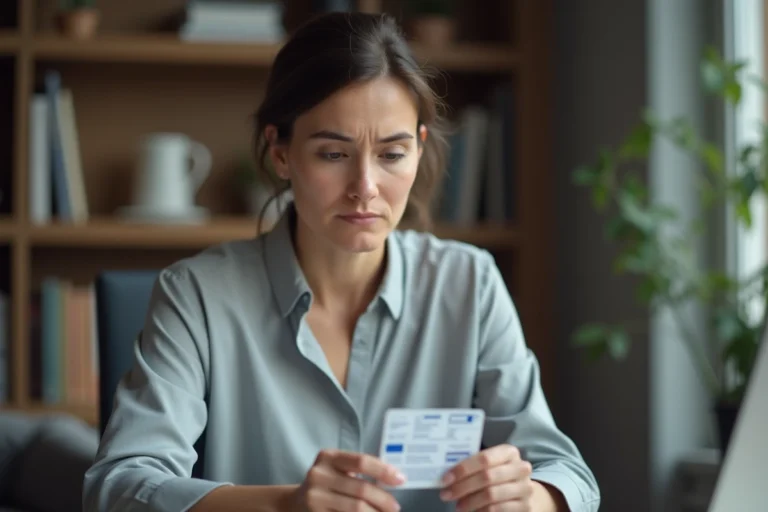 Femme lisant attentivement les informations de son permis de conduire pour trouver la date de délivrance