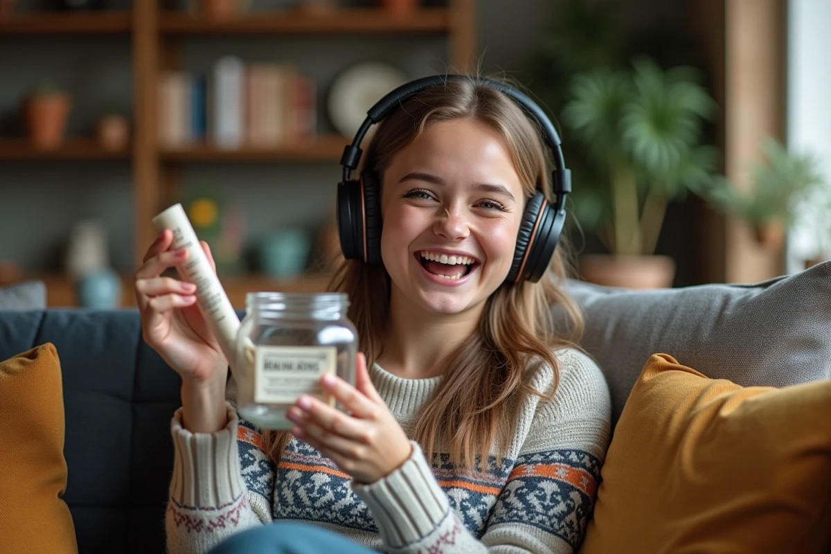Jeune femme riant avec un journal dans un salon cosy