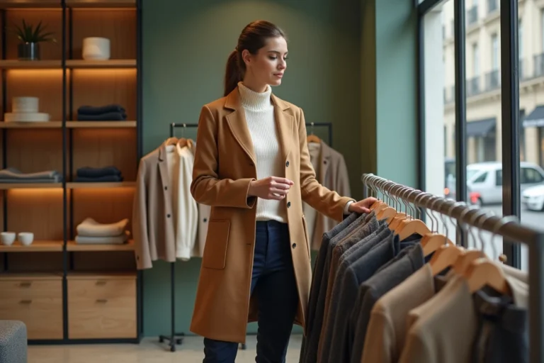 Femme élégante en manteau camel dans une boutique de mode parisienne, tendances mode automne-hiver