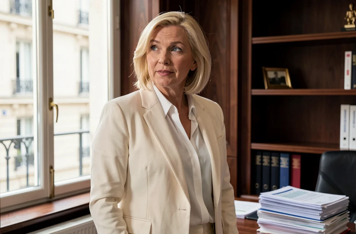 Femme politique française en tailleur crème dans un bureau institutionnel, atmosphère officielle
