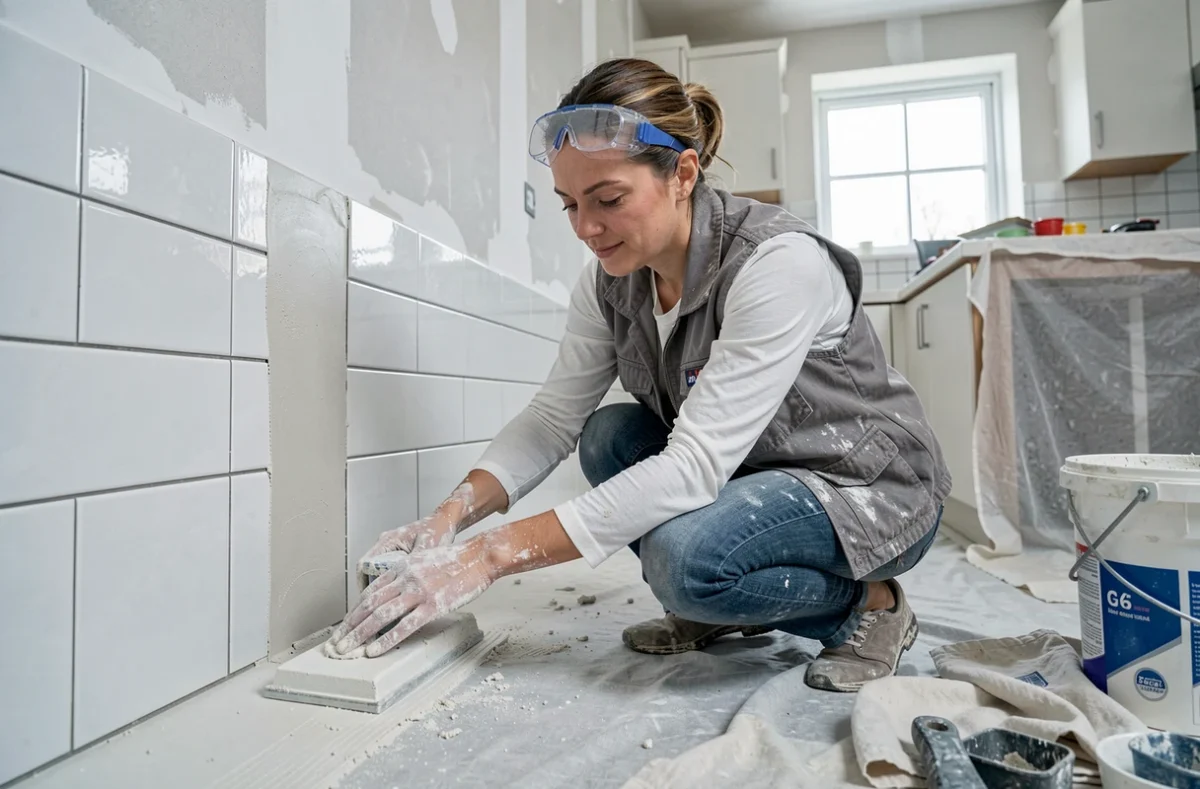 Femme posant du carrelage et appliquant du joint dans une cuisine en rénovation
