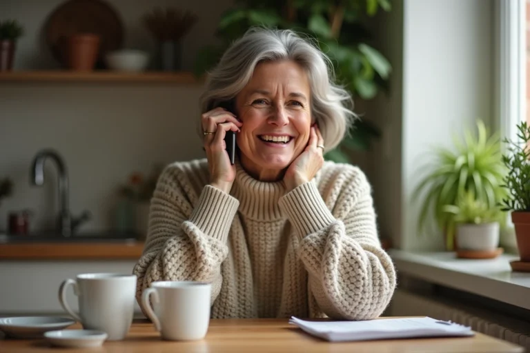 Femme d'âge moyen souriante au téléphone dans la cuisine