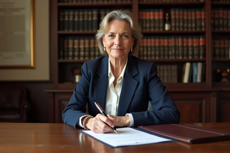 Femme signant une procuration de succession chez un notaire dans un bureau traditionnel en bois
