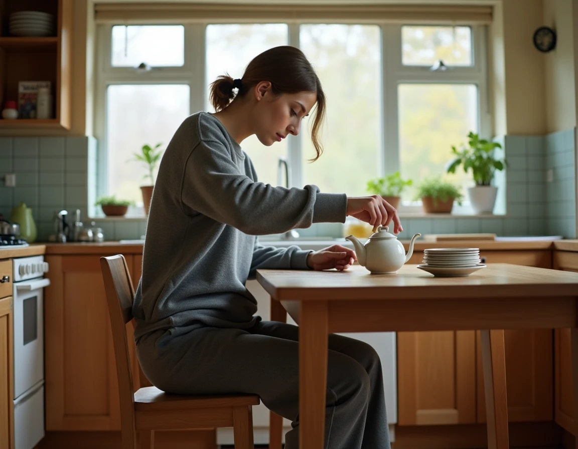 Grande femme assise dans une cuisine ordinaire dont le mobilier standard souligne sa stature exceptionnelle, versant du thé avec sérénité