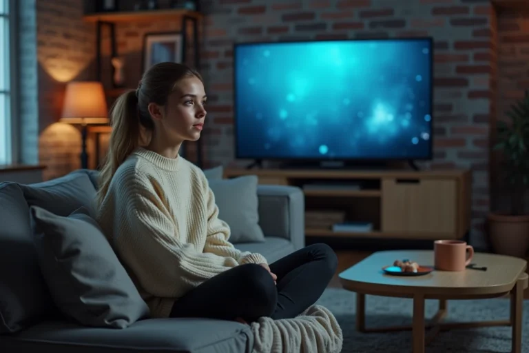 Jeune femme regardant un film en streaming sur sa télévision depuis son canapé à la maison