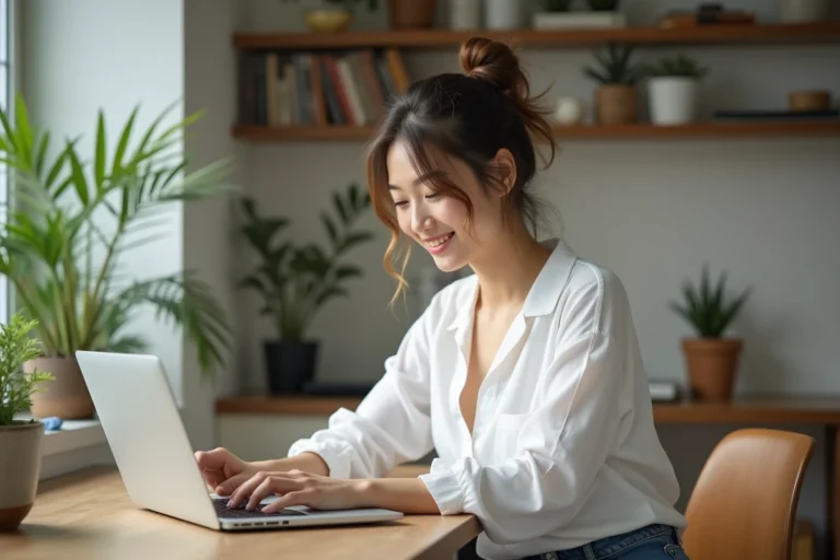 Jeune femme travaillant sur un ordinateur dans un intérieur moderne