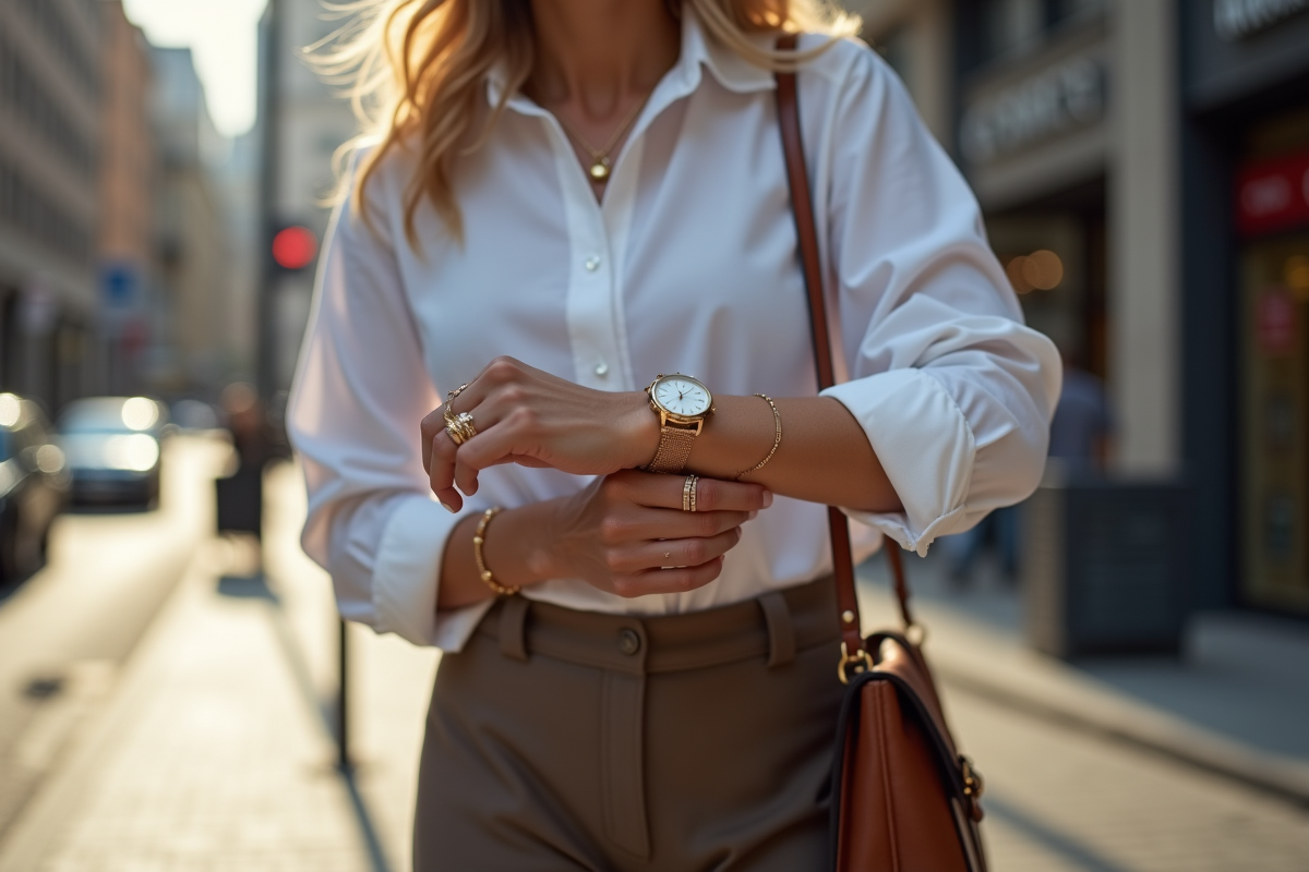 Femme élégante ajustant sa montre en ville