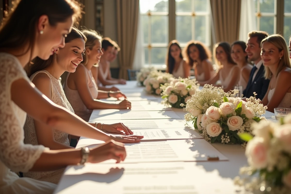 Groupe d'invités élégants autour d'une table de mariage