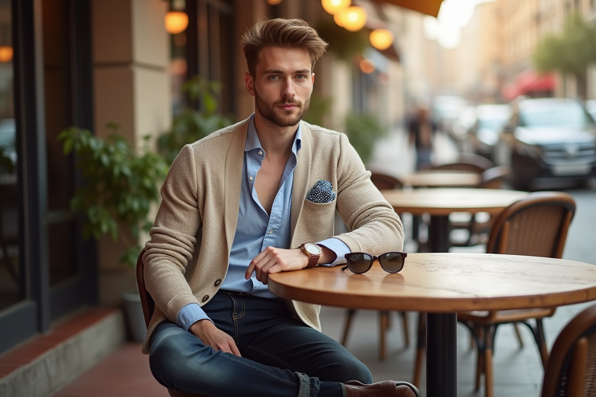 Jeune homme détendu au café avec montre et accessoires