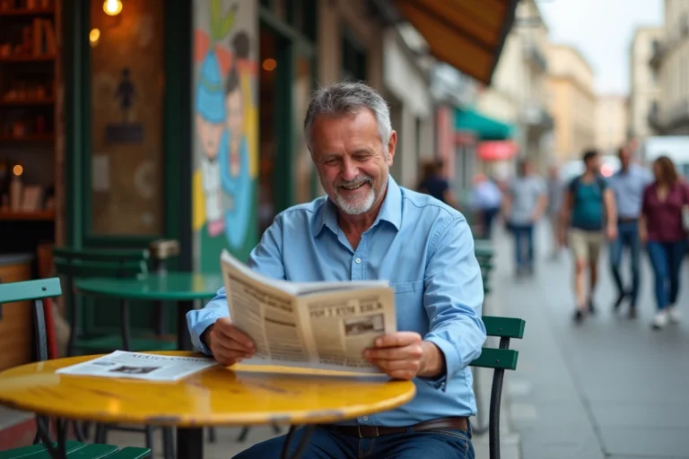 Homme d'âge moyen lisant un journal dans un café urbain