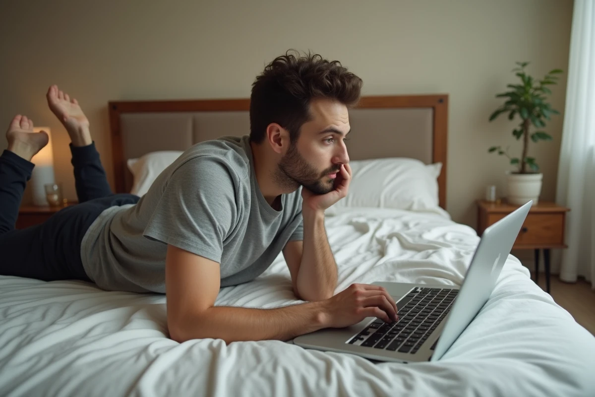 Homme parcourant un catalogue de films sur un site de streaming gratuit depuis son ordinateur portable