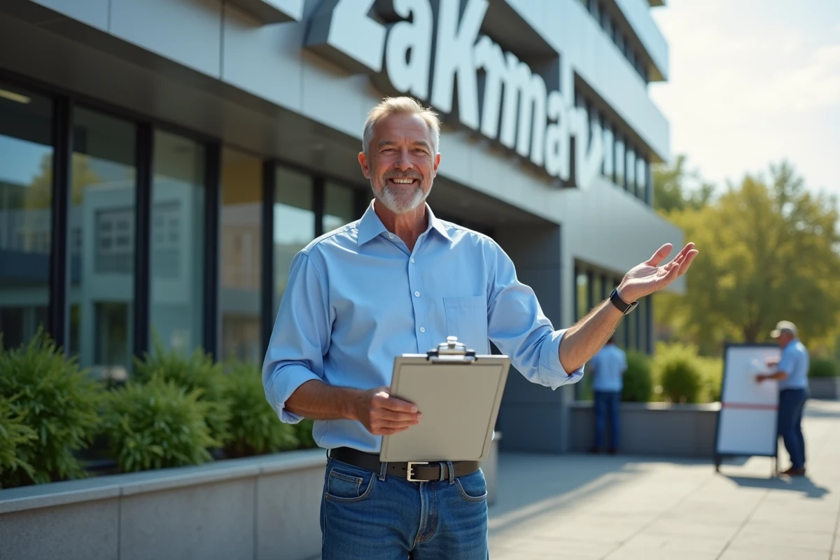 Homme devant un bâtiment en transition de signalisation