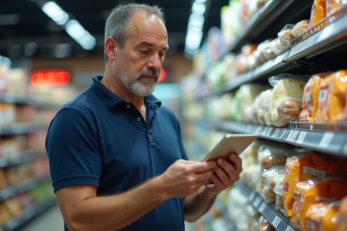 Homme lisant une étiquette nutritionnelle en supermarché pour comparer les systèmes de points minceur