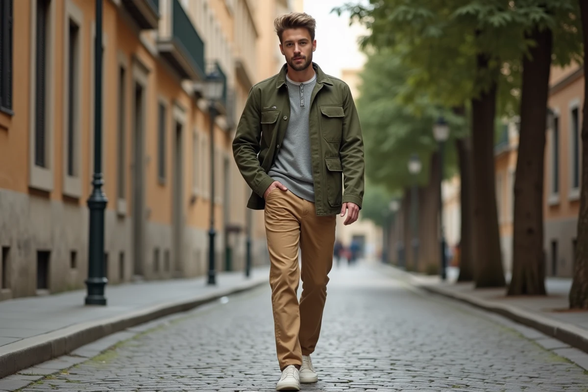 Homme en veste field jacket olive marchant dans une rue pavée européenne, style mode casual chic masculin