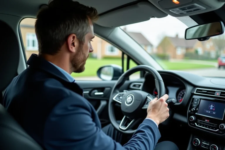 Homme au volant utilisant le GPS dans une voiture moderne