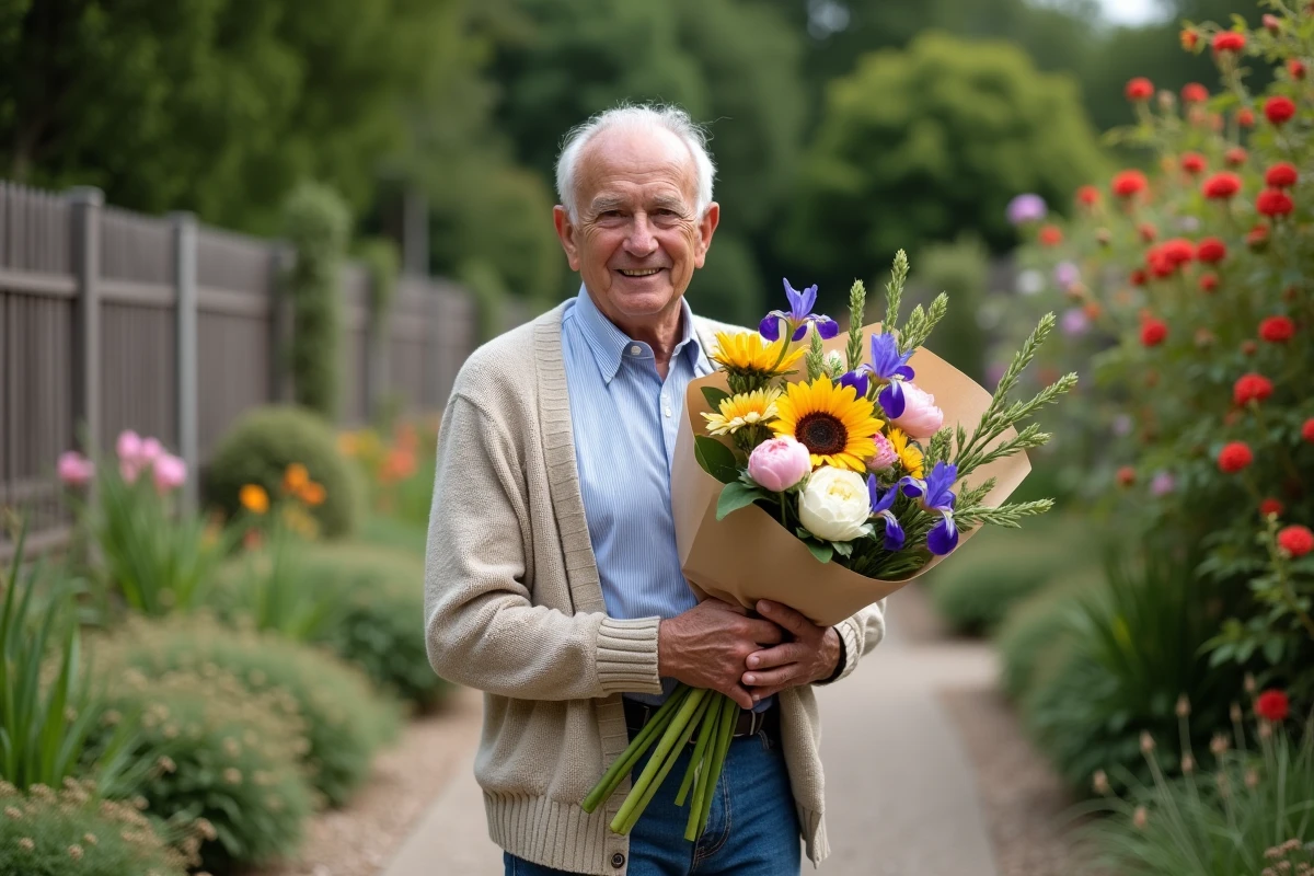 Homme âgé tenant un bouquet de fleurs dans un jardin ensoleille