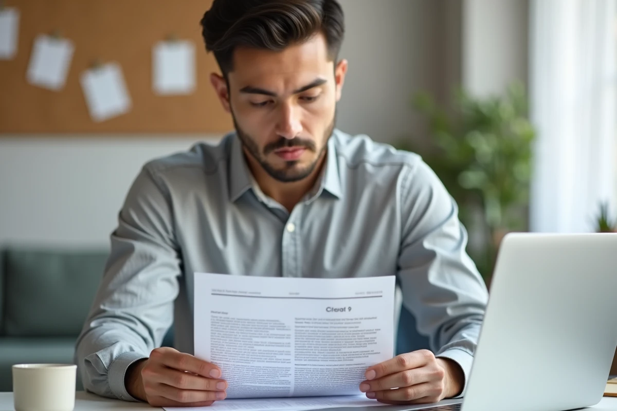 Jeune homme lisant attentivement un modèle de procuration de succession à son bureau à domicile
