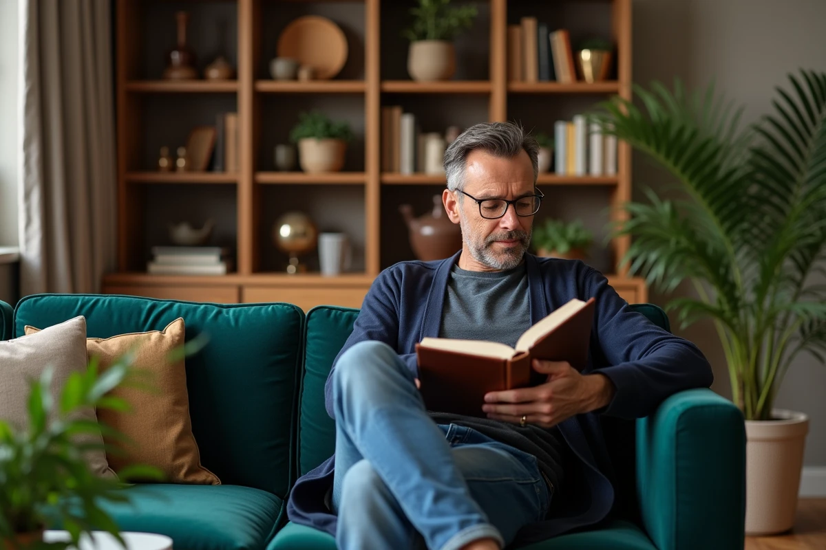 Homme lisant dans un bureau décoré avec soin