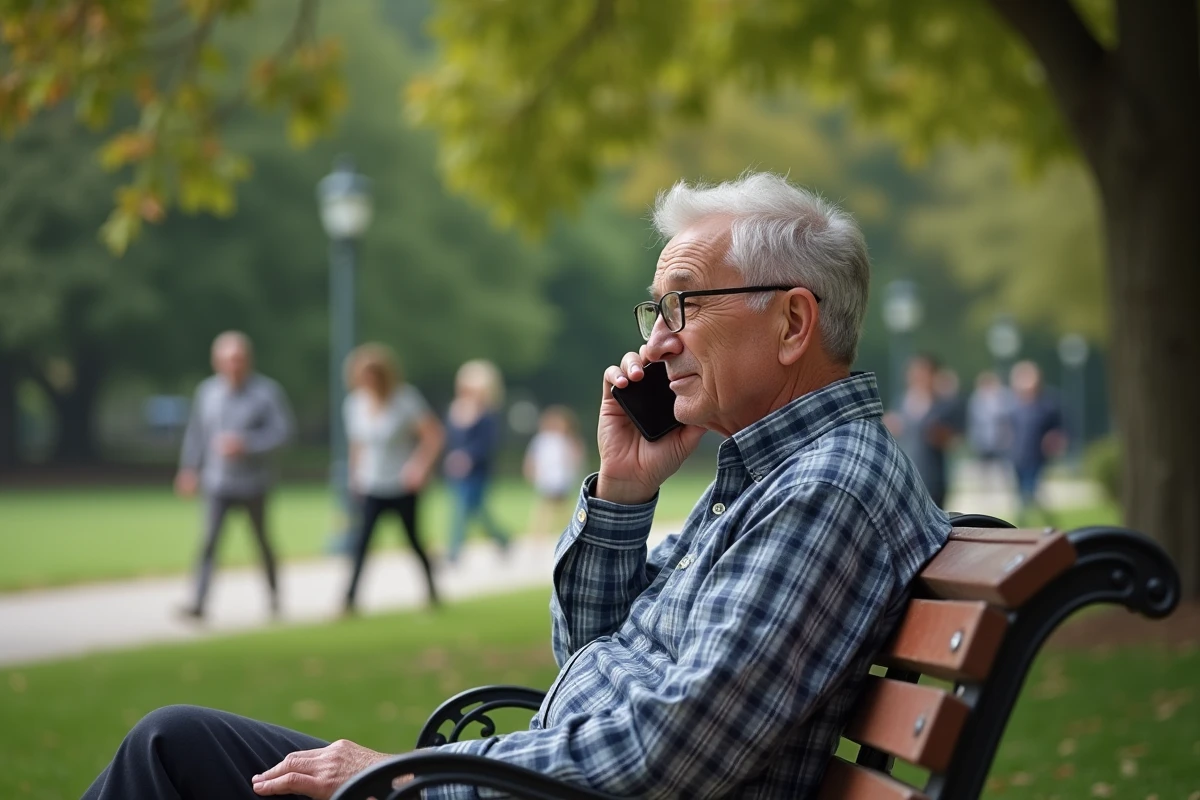 Homme âgé parlant au téléphone sur un banc dans un parc