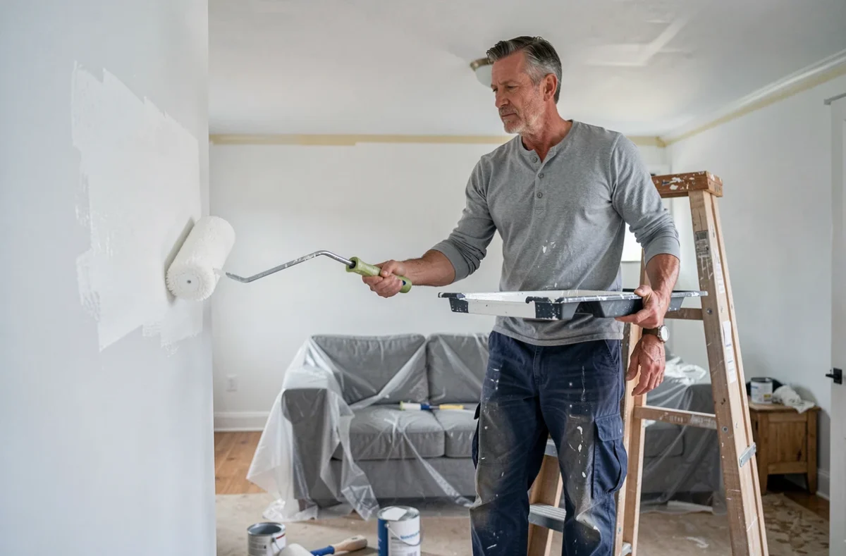 Homme peignant un mur en blanc avec un rouleau dans un salon en cours de rénovation