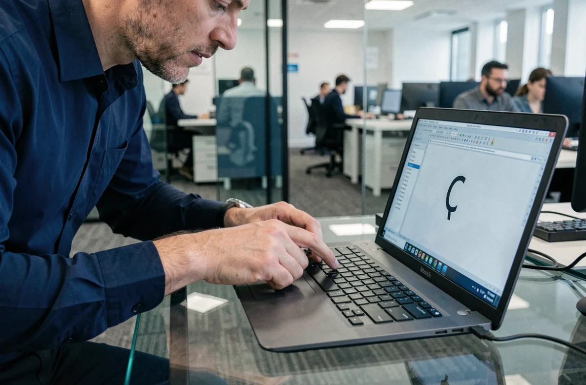 Homme utilisant un raccourci clavier Windows pour saisir la lettre Ç majuscule au bureau