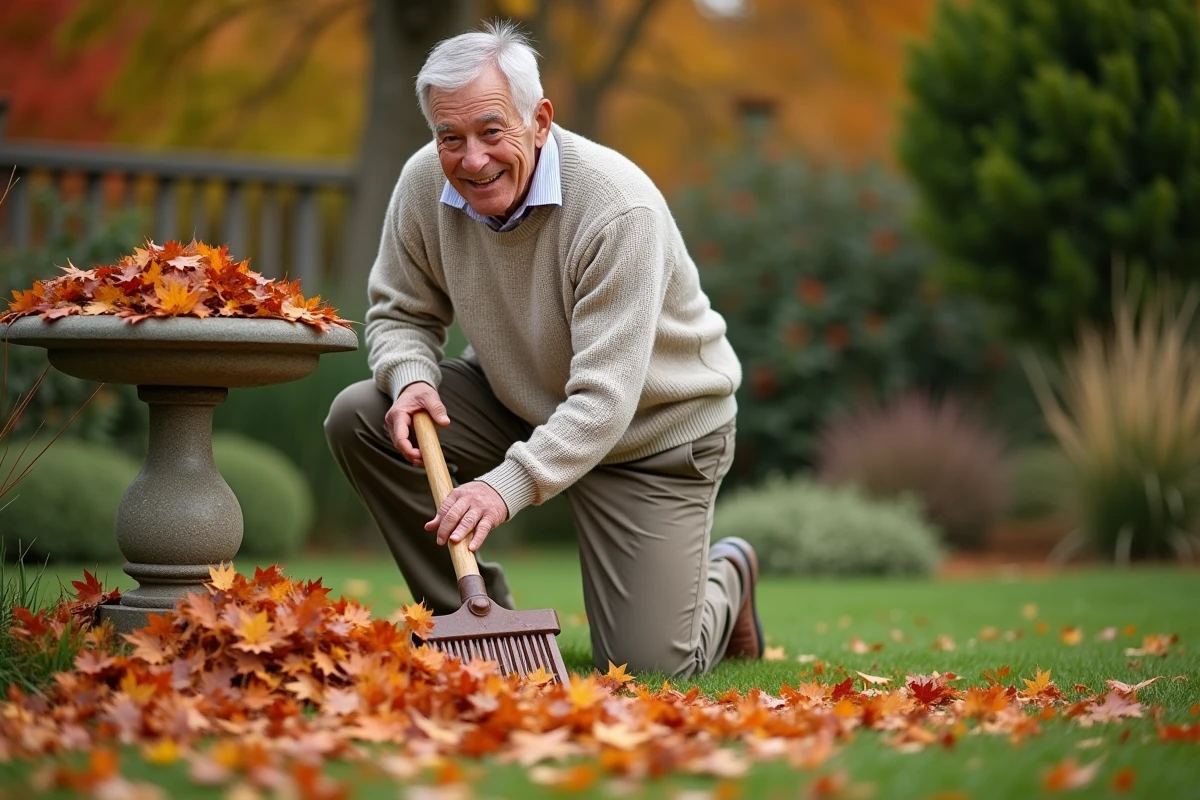 Homme retraité ratisant des feuilles d