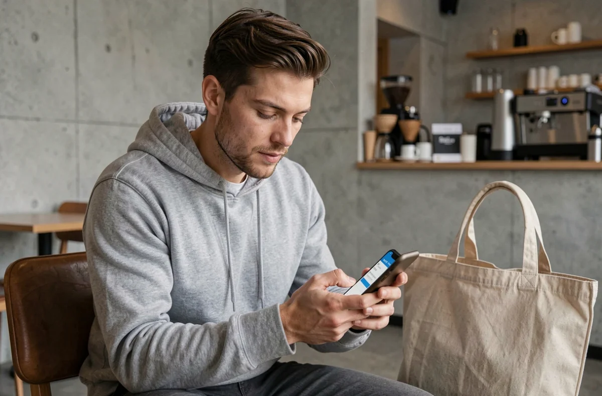 Homme utilisant son smartphone dans un café pour contacter une boutique de sacs en ligne via un formulaire de contact