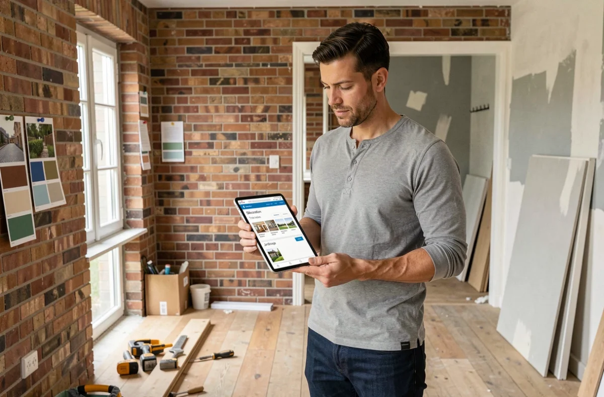 Homme consultant la structure d'un site dédié à l'habitat sur une tablette dans un salon en cours de rénovation