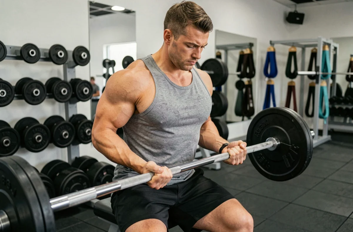Homme musclé testant une barre de musculation dans une salle d'exposition d'équipements fitness