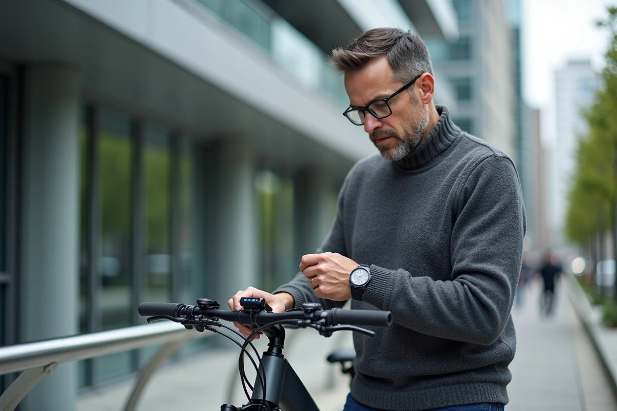 Homme vérifiant notifications sur une montre connectée à côté d’un vélo électrique
