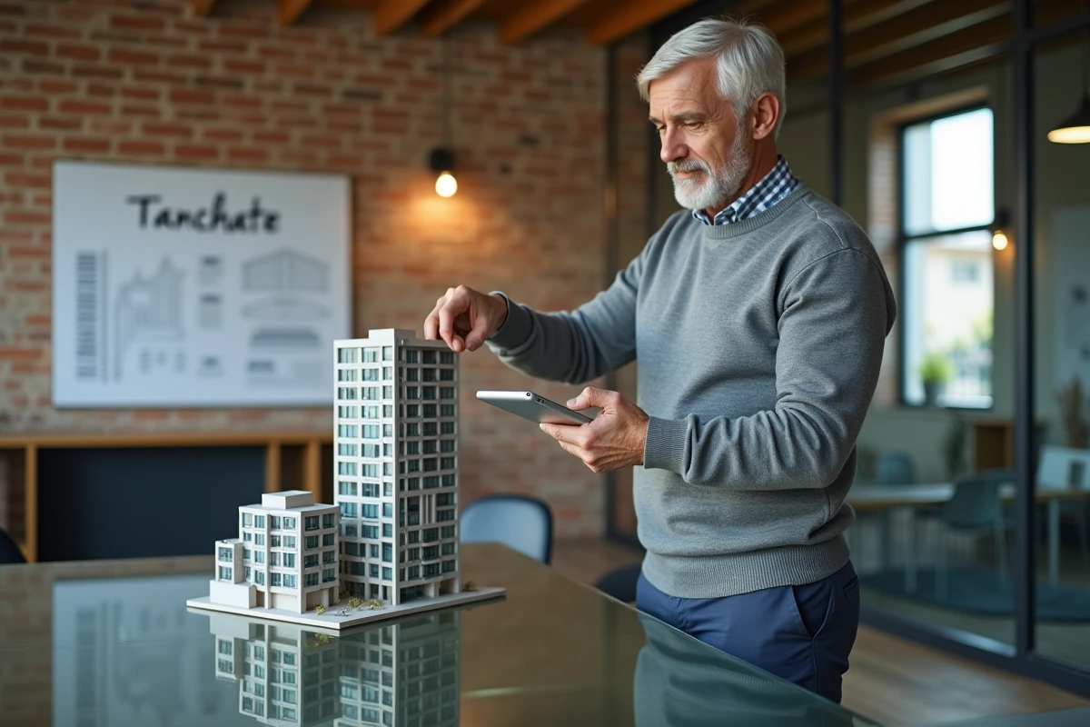 Investisseur immobilier masculin tenant une maquette d'immeuble et consultant un tableau de fiscalité sur ordinateur