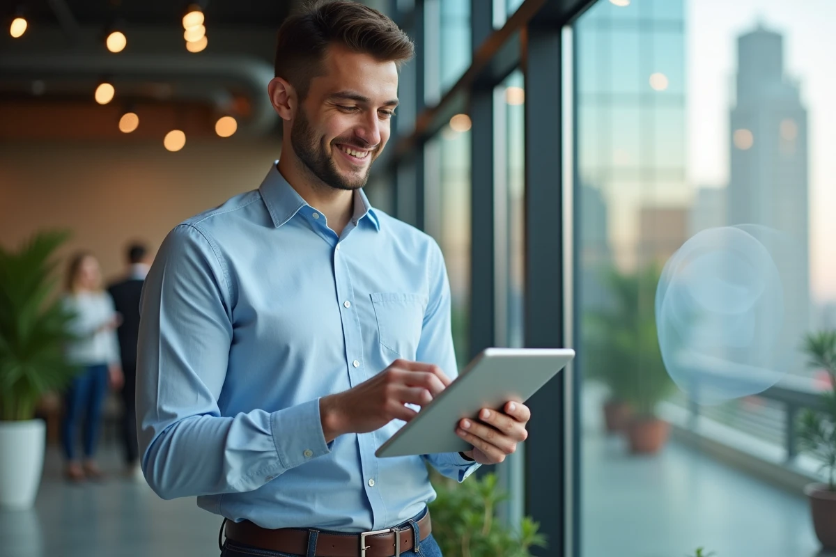 Jeune conseiller immobilier utilisant tablette en coworking