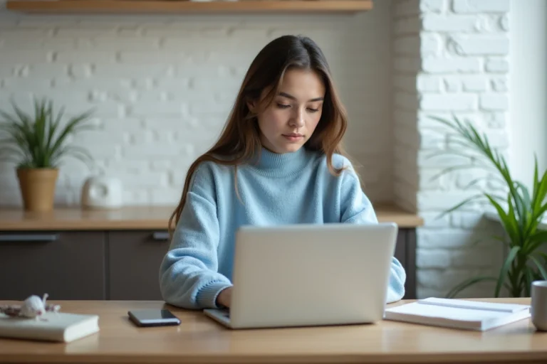 Jeune femme étudiante travaillant sur son ordinateur portable dans un appartement moderne