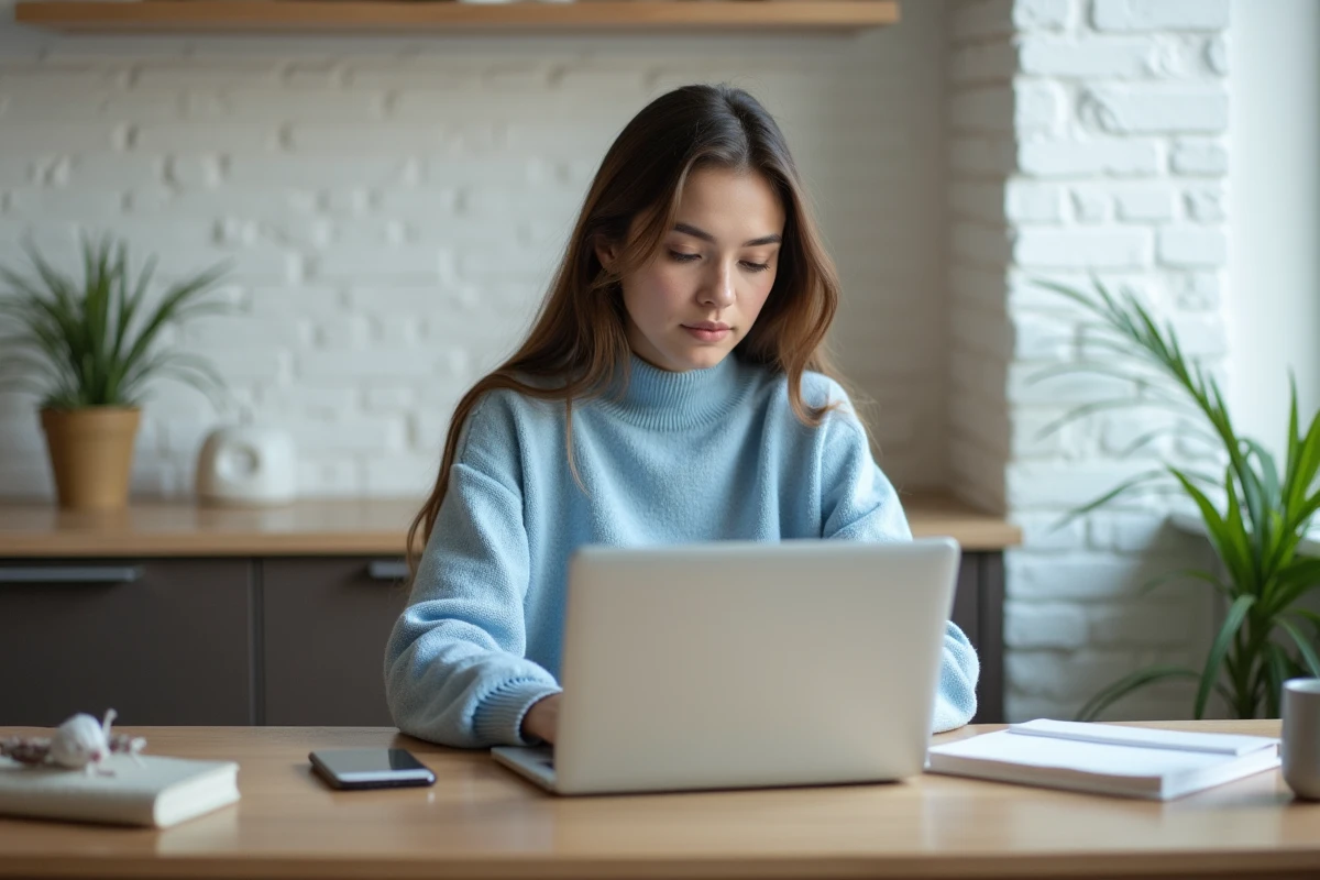 Jeune femme étudiante travaillant sur son ordinateur portable dans un appartement moderne