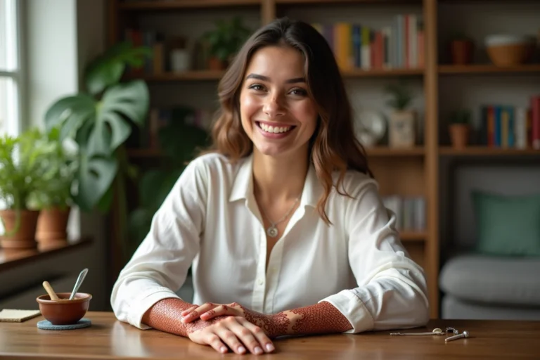 Jeune femme souriante avec henné sur la main dans un salon lumineux