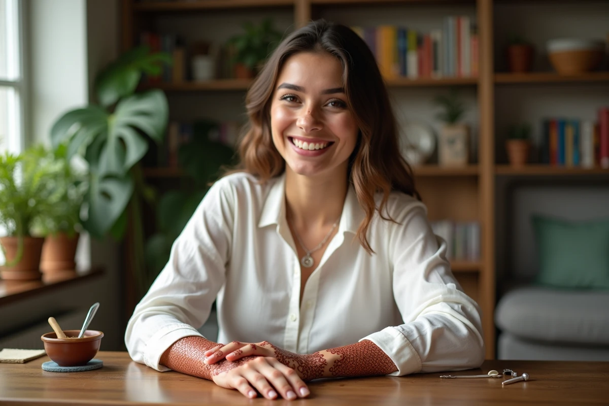 Jeune femme souriante avec henné sur la main dans un salon lumineux