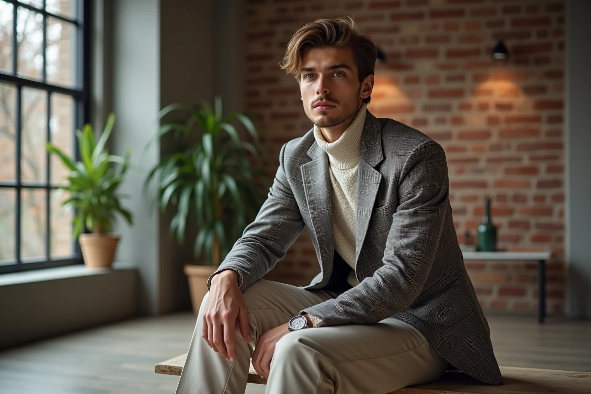 Jeune homme en pull et blazer dans un loft moderne