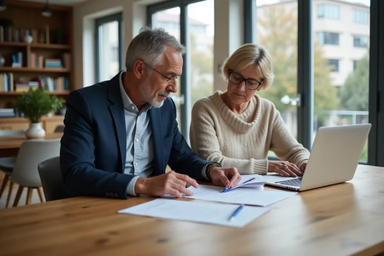 Homme et femme discutant de papiers immobiliers dans un salon lumineux