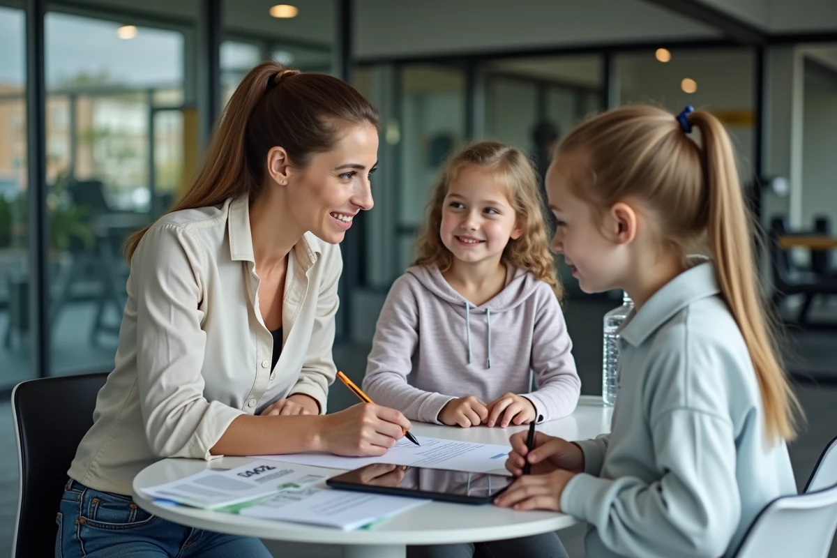 Une mère et sa fille adolescente signant un contrat d'adhésion dans une salle Basic Fit