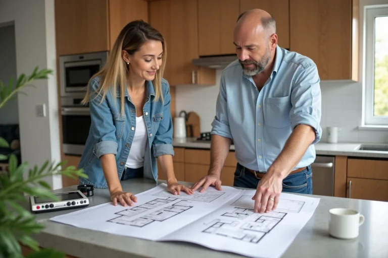 Couple examinant des plans de maison dans une cuisine moderne