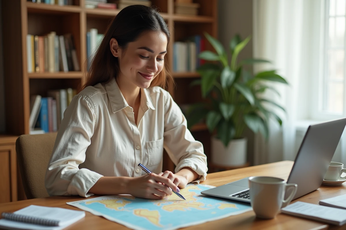 Femme planifiant un voyage depuis son bureau avec une carte papier, un ordinateur portable et des notes manuscrites