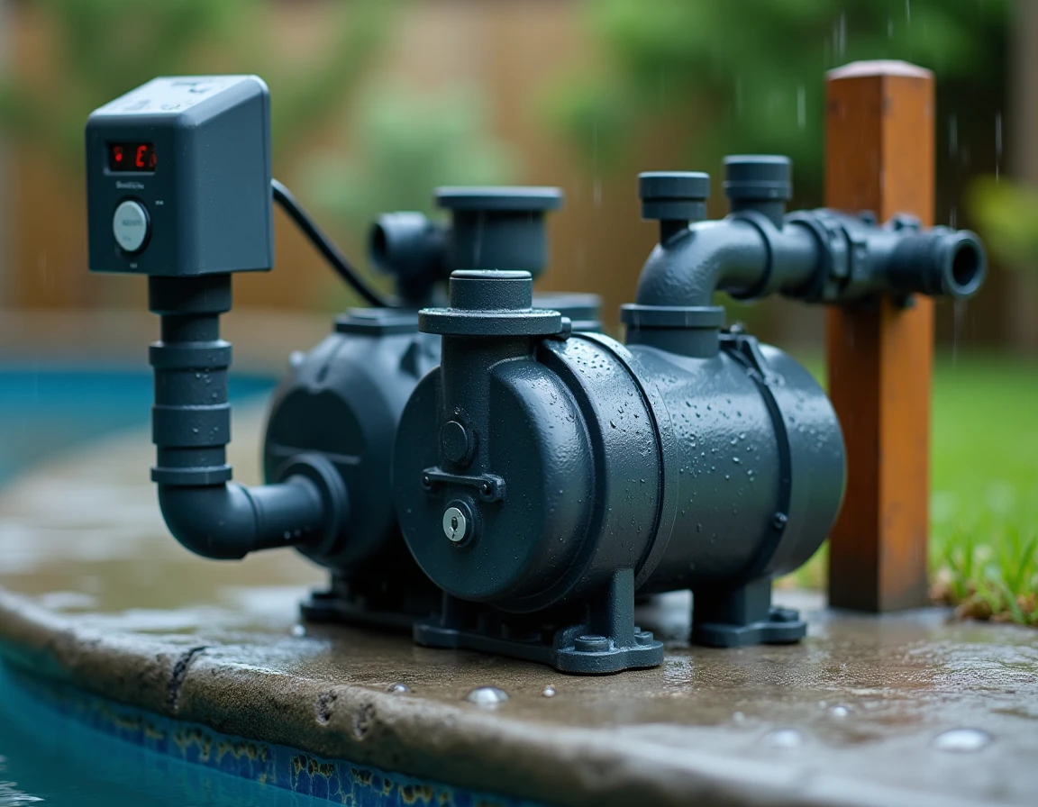 Gros plan sur une pompe de filtration de piscine sous la pluie avec minuterie électrique et tuyaux PVC