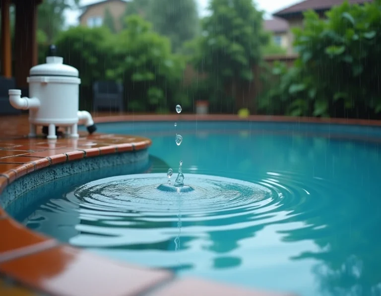 Pompe de piscine en fonctionnement sous la pluie avec des ronds dans l'eau visibles à la surface du bassin