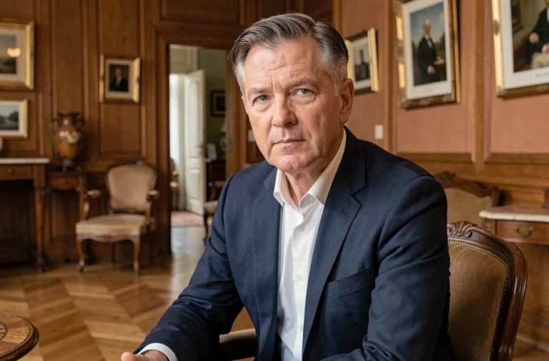 Portrait d'un homme élégant dans un salon parisien classique, ambiance politique et institutionnelle