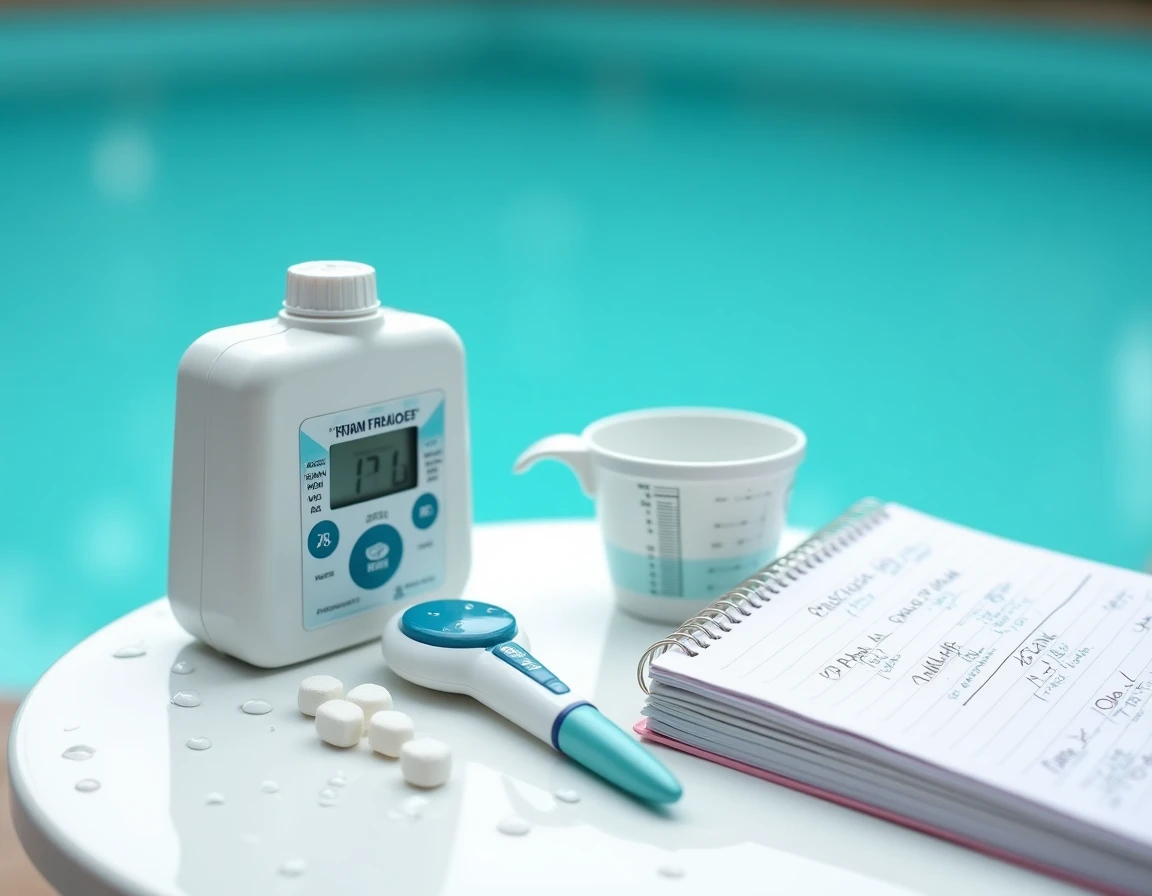 Produits d'entretien pour piscine disposés sur une table extérieure pour maintenir une eau propre et équilibrée