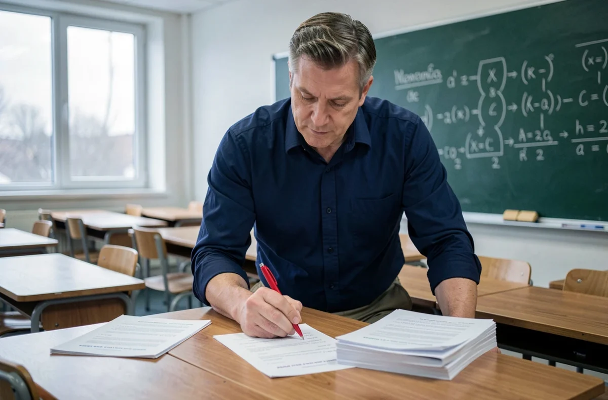 Enseignant corrigeant des exercices de grammaire sur les classes grammaticales imprimés en PDF dans une salle de classe