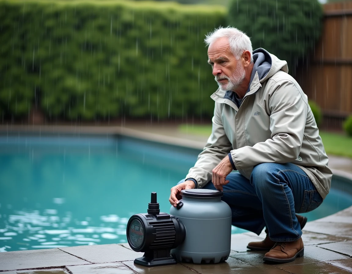 Propriétaire de piscine inspectant sa pompe de filtration pendant une pluie dans son jardin