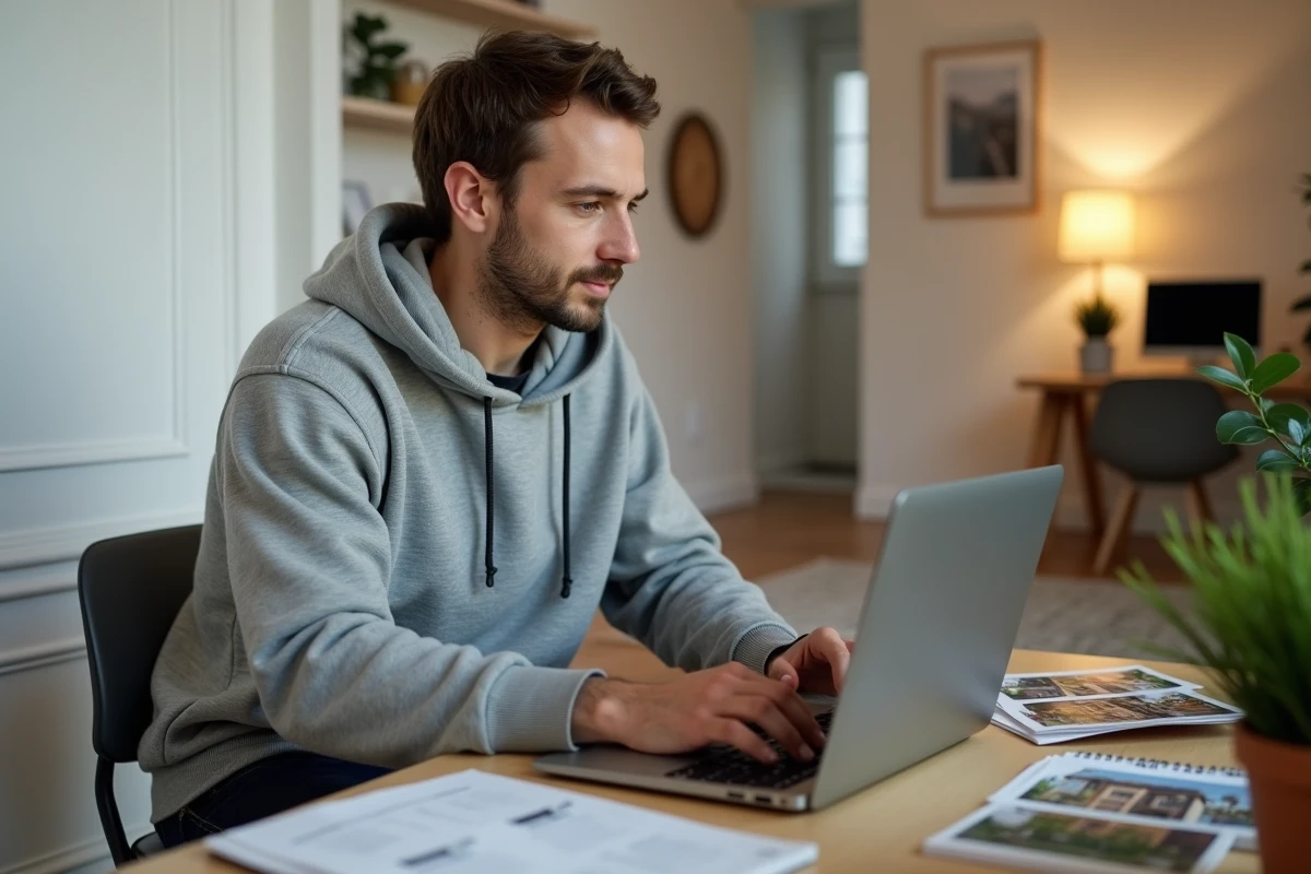 Jeune homme recherchant des opportunités immobilières sur ordinateur portable dans un bureau à domicile