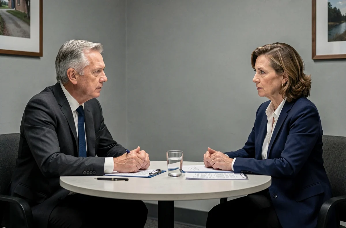 Deux personnalités politiques en réunion privée autour d'une table, atmosphère de discussion confidentielle